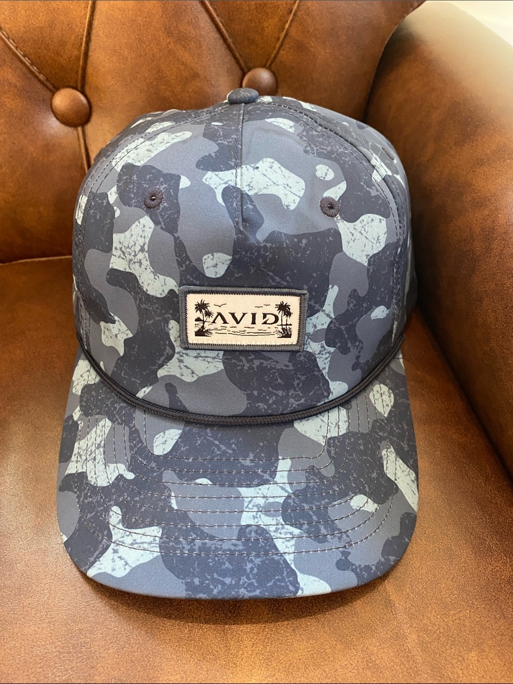 AVID Fishing Gear Snapback Hat Charter Cap Blue Gray Patch Logo Rope Camo NWOT